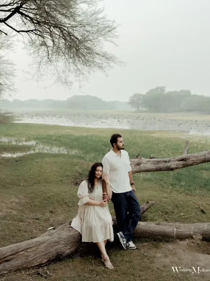 A serene portrait of Kushal and Hemal in a natural setting. This shot captures a moment of peace and togetherness, reflecting their journey from schoolmates to soulmates.