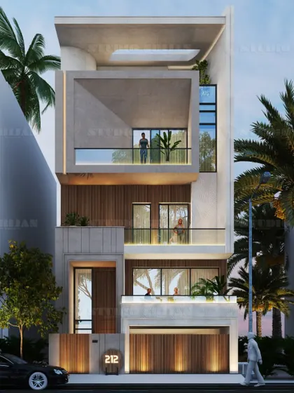 A design for a 260 sq. yard plot in Ram Vihar, New Delhi. This facade features a prominent, boxy cantilevered section and a mix of wood and concrete textures.