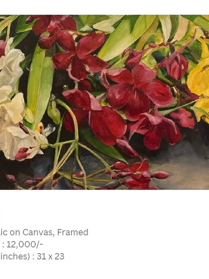 This acrylic painting features a vibrant mix of red, white, and yellow orchids. The composition is full of energy and color, perfect for adding a touch of the exotic to your wall decor.
