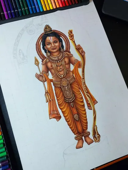 27 hours into the Ram Lalla sketch. The full figure is now complete, and the next step is to work on the detailed archway behind him.