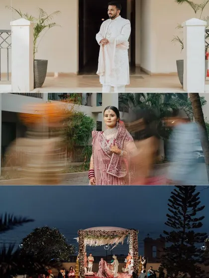 A collage showing the groom's anticipation, the bride's artistic portrait, and the beautiful mandap at dusk.