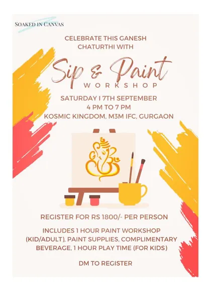 Our poster for a festive Ganesh Chaturthi sip and paint workshop, offering a unique way for families to celebrate together with art and fun.