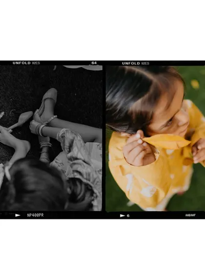 A diptych of details from the Haldi ceremony, presented in a vintage film style. It focuses on the small, beautiful moments, like a child playing with a flower petal.