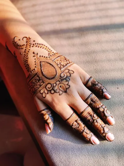 A perfect example of a simple yet elegant party henna. This design features a prominent central element on the back of the hand, with delicate patterns on the fingers, leaving some skin showing for a modern look.