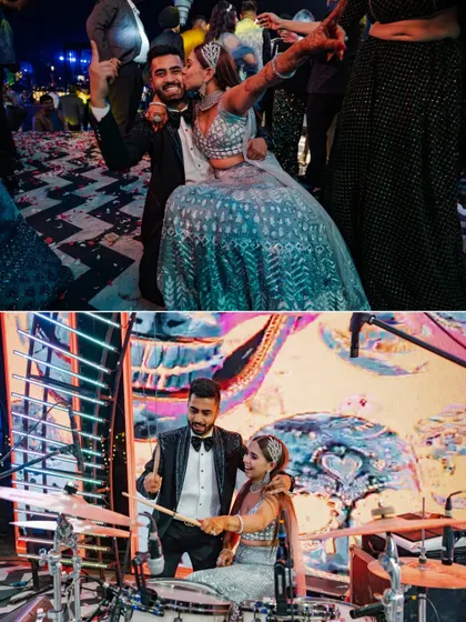 The fun side of the Sangeet. This collage shows Amrita and Ketan enjoying their party, from taking a selfie on the dance floor to playfully trying out the drums.