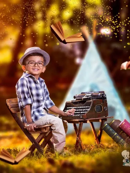 A creative outdoor portrait of a young writer at his typewriter, with books magically floating around him. This photo blends a natural setting with a touch of fantasy.