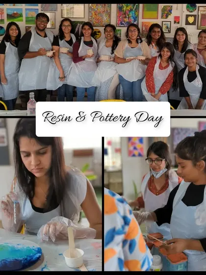 A collage from a "Resin & Pottery Day" at the studio, showing participants happily engaged in both art forms.