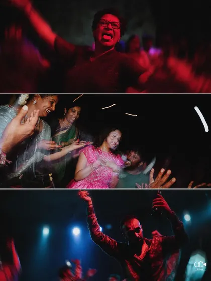 A triptych of high-energy, motion-blur shots from a reception party, capturing the wild and joyful dancing.