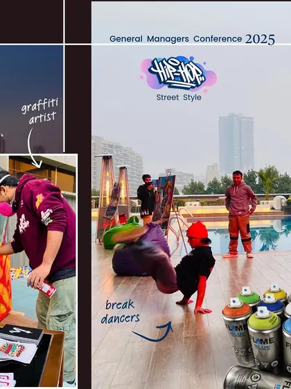 My live art is part of a full hip-hop showcase. At the Hilton event, my spray painting was complemented by break dancers, bringing an authentic street style vibe to a corporate setting by the pool.