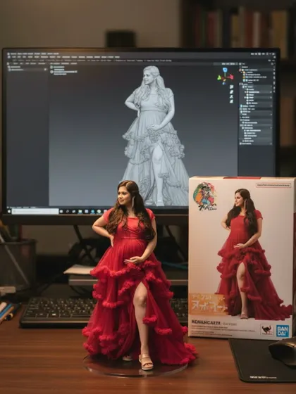 I transform your cherished photographs into stunning 3D figurines. This piece, created from a client's maternity shoot, captures the drama and beauty of her ruffled red gown. You can see the digital sculpture on the screen, the final figurine, and the custom collectible box it comes in.