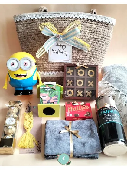 Gifting is all about the vibe, even for the little ones. This fun Minion-themed birthday hamper was a joy to create, mixing playful toys with tasty treats and useful items, all packed in a lovely reusable jute basket.