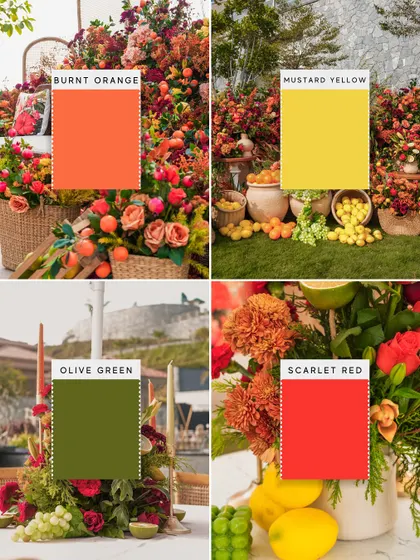 A color palette breakdown of the Haldi decor, showing the intentional use of burnt orange, mustard yellow, olive green, and scarlet red to create a warm, zesty, and inviting atmosphere.
