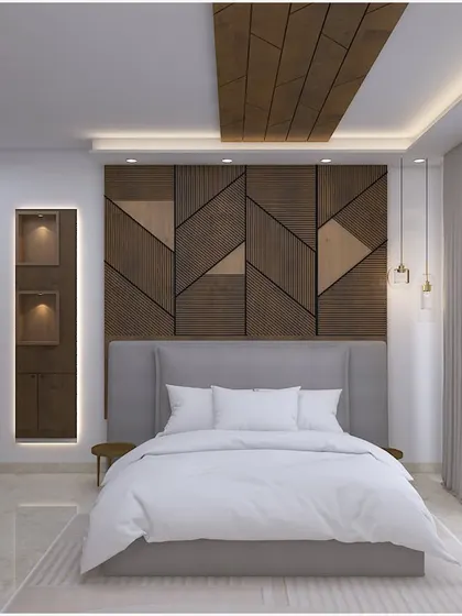 A master bedroom concept with a warm, geometric-patterned wooden headboard and integrated lighting.