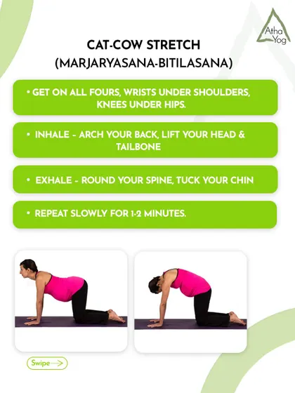The Cat-Cow stretch is a wonderful pose during pregnancy. This graphic provides simple, step-by-step instructions on how to perform it safely to maintain spinal flexibility.