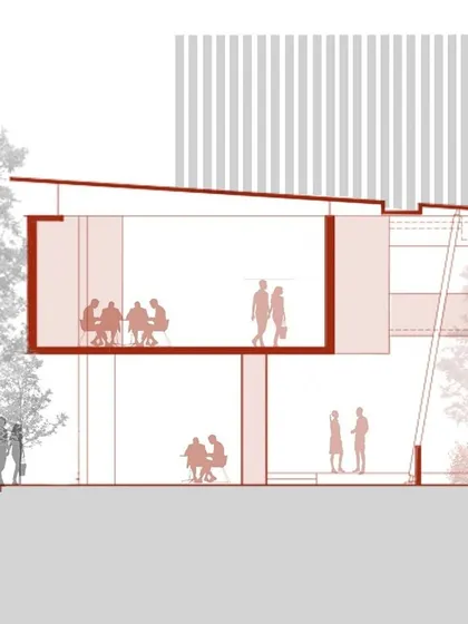 A sectional drawing illustrating the human scale of the dining spaces. The design provides for both intimate seating arrangements and larger group tables, all connected to the central open-to-sky courtyard.