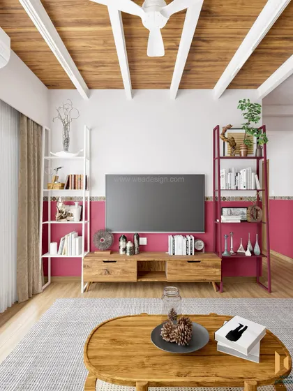 The TV unit in the magenta-themed home, flanked by asymmetrical metal bookshelves for a modern, industrial touch.