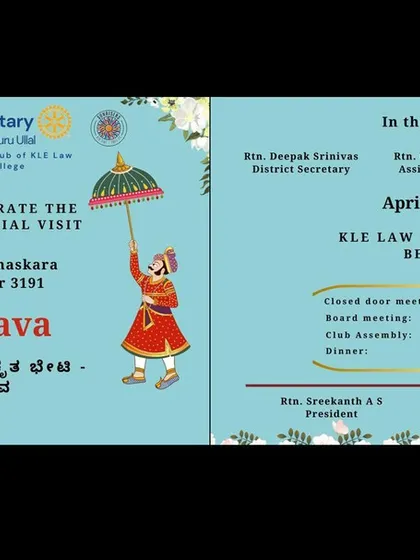 I share the UDAYOTSAVA invitation for 28 April 2024 at KLE Law College, Ullal, the event where Rotary recognised my work.