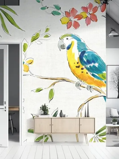 A bright and cheerful watercolor-style wallpaper featuring a colorful parrot on a branch.
