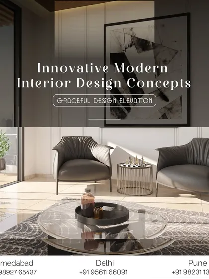 This marketing image showcases our innovative and modern interior design concepts for living spaces. It highlights a seating area with elegant leather armchairs and a view to an outdoor balcony, emphasizing graceful design elevation.