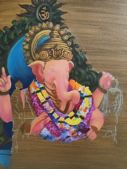 Further progress on the Ganesha painting. I have started to render the ornate throne and headdress, carefully building up layers of acrylic paint to create a sense of dimension.