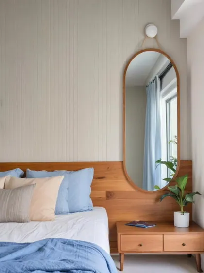 This bedroom feels like a soft sigh, where muted tones meet gentle light. Dusty blue and warm wood create a peaceful feeling, while the slender wall panels and oval mirror add a touch of modern, understated elegance.
