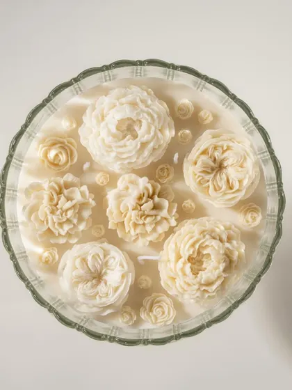 A top-down view of a large, multi-wick floral candle in a glass bowl. This symmetrical shot emphasizes the beautiful and complex design of this unique decor piece.