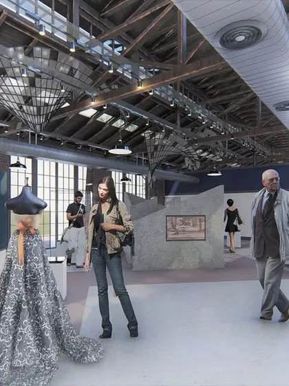 Another view of the gallery space in the Solina Silk Factory proposal. The design plays with light from the original clerestory windows and new installations to create a dramatic and engaging atmosphere.