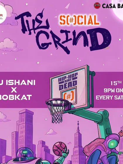 A purple themed flyer for The Grind, keeping the visuals as fresh as the music.
