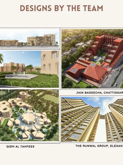 A collage of projects led by Adhir Mahajan, including the Qism Al Tahfees center and the Runwal Group's Elegante. His work showcases a commitment to creative oversight and exceptional design quality.
