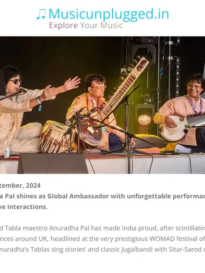 A wonderful write-up from Musicunplugged.in about my recent UK concert tour, which was headlined by a performance at the prestigious WOMAD festival. The article highlights my 'Tablas sing stories' concept and classical jugalbandi.