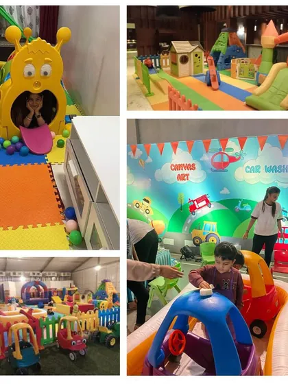A collage showcasing different playzone themes and setups. It includes a fun car wash themed area, a caterpillar climber, and a large indoor setup, highlighting the creative possibilities for your party.