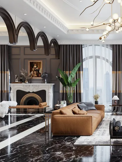 This visualization showcases the grand scale of the room, with its ornate fireplace and repeating archways. The render demonstrates the balance of classical architecture with modern furniture.