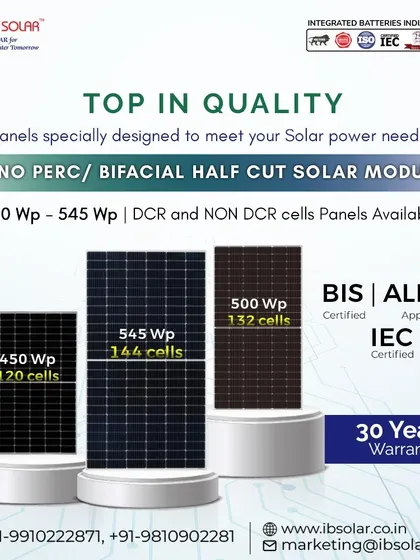 We offer a complete range of Mono PERC and Bifacial half-cut solar modules, from 450 Wp to 545 Wp. All our panels are BIS and IEC certified, and ALMM approved, ensuring they meet the highest standards of quality for your solar power needs.