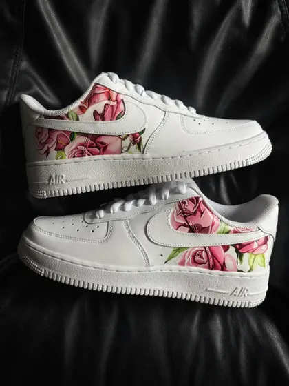 Another pair shot of the elegant rosé floral custom sneakers.