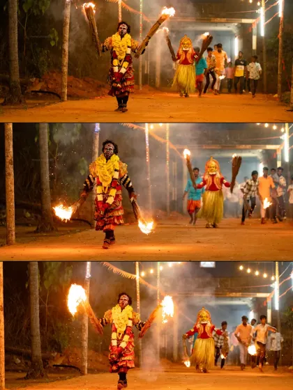 A sequence showing the dramatic entrance of Bhoota Kola performers, holding flaming torches that light up the night. These images capture the movement and divine power that are central to the coastal Karnataka ritual.