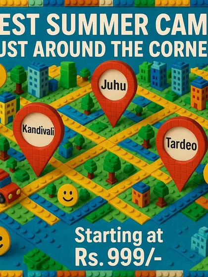 The best summer camp is just around the corner. This graphic highlights our multiple camp locations in Mumbai (Juhu, Tardeo, Kandivali), making it convenient for parents across the city.