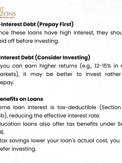 This slide from our bulletin details how to decide between prepaying a loan and investing. We explain that tax benefits on home and education loans can reduce the effective cost of debt, potentially making investing a better option.