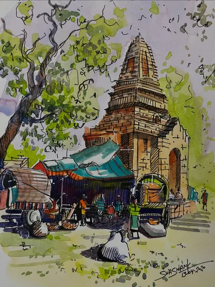 A beautiful illustration of a temple scene with carts and people, combining architectural drawing with loose watercolor.
