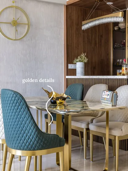 A collection of six unique dining rooms I've designed, showcasing different styles from bold wood tones to breezy coastal vibes. This image highlights a dining space with golden details, a marble-top table, and quilted chairs for a touch of quiet luxury.