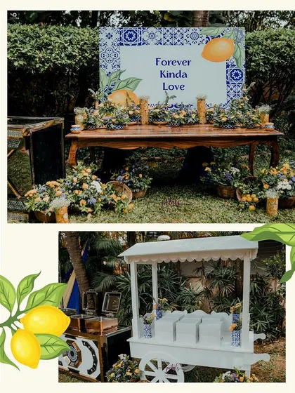 Another collage showcasing the vibrant details of the Mediterranean-themed Haldi, including the "Forever Kinda Love" sign and the charming favor cart.