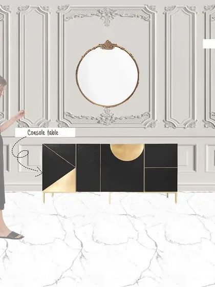 This mood board breaks down the elements of a Neoclassical entryway. It highlights the use of elegant wall sconces, a statement mirror, and a geometric console table to create a grand and elegant feel.