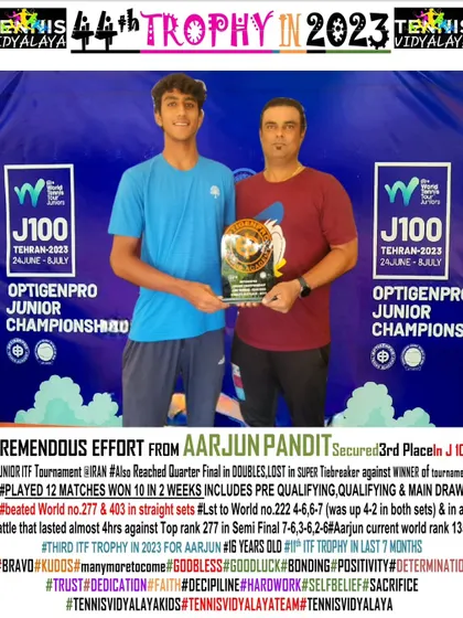 Securing 3rd place at the J100 Junior ITF tournament in Iran after a tremendous effort.