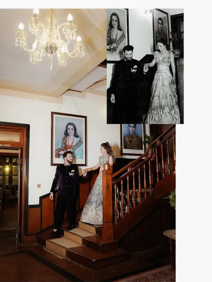 A collage from a Qawali night, showing the couple on the staircase of a heritage hotel. The black and white inset adds a timeless, classic touch.