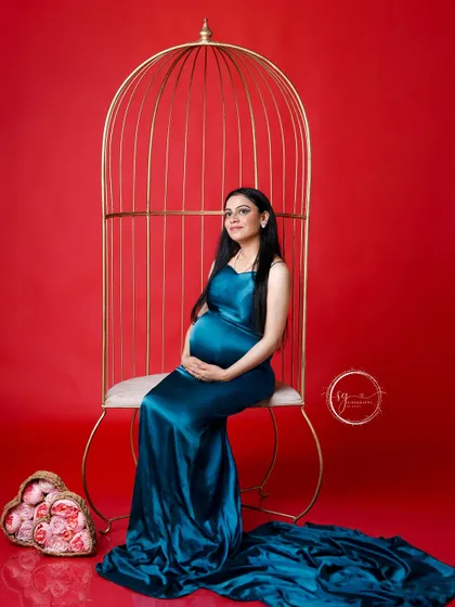 A beautiful seated portrait in our golden birdcage. The contrast between the teal gown and the red background is striking and elegant.