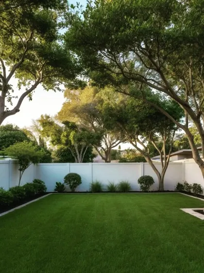 A clean and simple backyard design with a healthy lawn and a few mature trees. The white wall provides a clean backdrop, making the space feel open and serene.