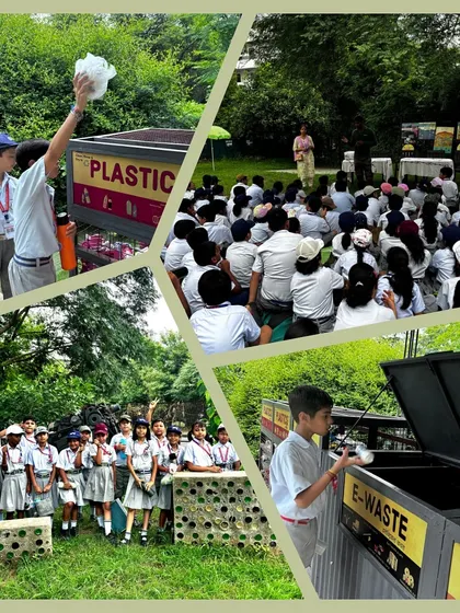 A collage from Summer Fields School's visit to our Samadhaan Hub, where students learned about different waste types and how to sort them for recycling.