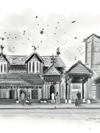 A black and white version of my Bandra Station illustration. This monochromatic take emphasizes the architectural details and timeless quality of the heritage building.