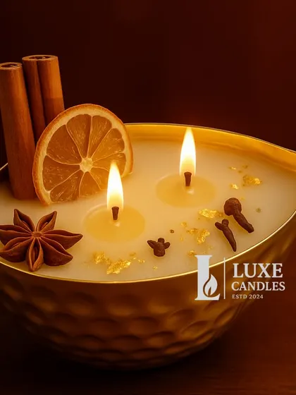 This is my Swaran Nauka (golden boat) urli candle. It's a double-wick candle adorned with real cinnamon, star anise, and dried orange, making it a feast for the eyes and the nose.
