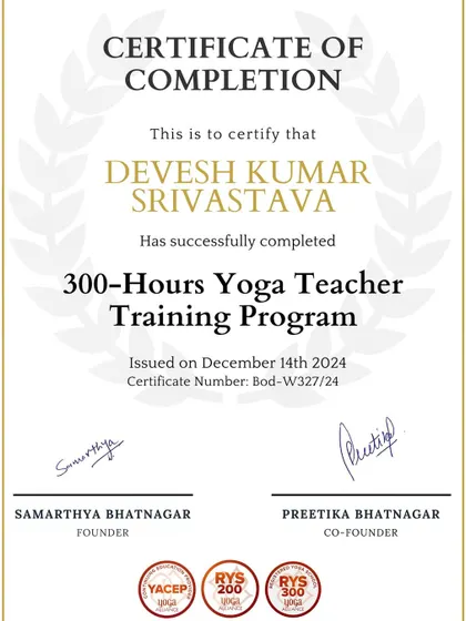 My 300-hour RYS Yoga Teacher certificate from Bodsphere, a significant milestone in my journey as a yoga educator.