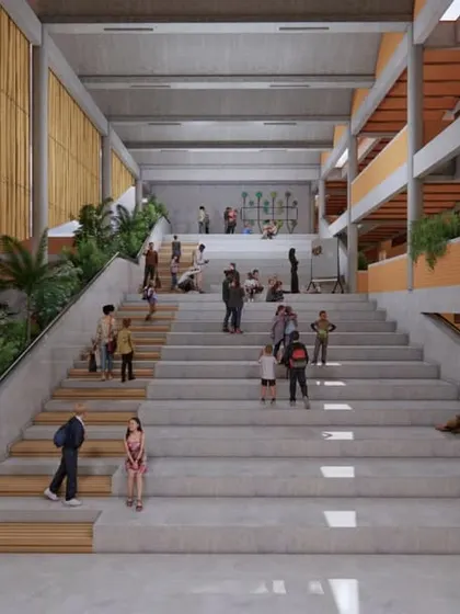 This view shows the multi-functional amphitheater staircase at Urban Gurukul, a key feature of my design for collaborative learning. It serves as a central point for student life, promoting interaction and community within the school.